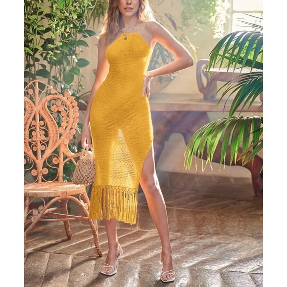 Aliyah Tied Backless Split Thigh Fringe Hem Halter Dress - Picture 3 of 6